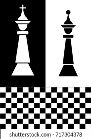 Chess flyer in black and white design, white chess king on black background, black chess queen on white background, chessboard. Graphic template for the chess club, Vector EPS 10