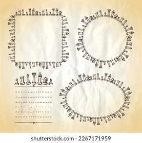 Chess frames set with chess figures and place for text and chess blank template, hand drawn vector illustration on a vintage style paper backdrop