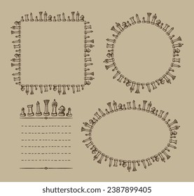 Chess frames set with chess figures and place for text, chess card templates, hand drawn vector illustration