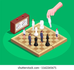 Chess game allegory concept isometric composition with players hand moving human figures as chessboard pieces vector illustration 