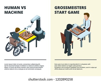 Chess game banners. Gamers playing at board tactical game various figures rook knight queen intellectual competition vector isometric. Illustration of chess strategy, chessboard isometric with figure