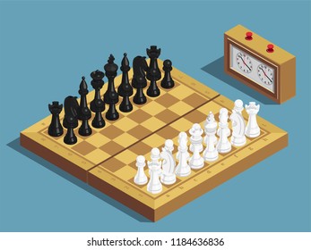 Chess game beginning isometric composition with clock 16 each white and black pieces on chessboard vector illustration 