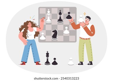 Chess game between man and woman symbolizes team strategic planning of business processes. Guy and girl play chess, demonstrating logical thinking or ability to predict opponent actions