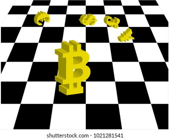 Chess game. Bitcoin againd dollar, euro, pound and yena.