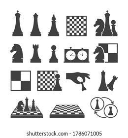 Chess game black icons on white background. Double chess clock, chessboard and chess pieces isolated set. Sport equipment for strategy game vector illustration. Chess classes and tournament symbols.