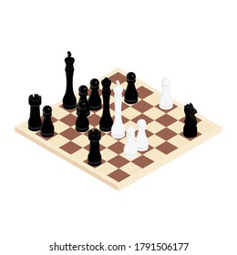 Chess game black and white on wooden board. Competition success play. Strategy, management or leadership concept. Isometric view. Vector