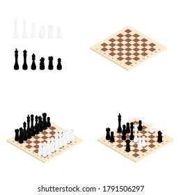 Chess game black and white on wooden board. Competition success play. Strategy, management or leadership concept. Isometric view. Vector