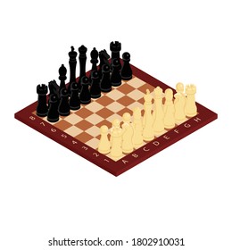 Chess game black and white on wooden board. Competition success play. Strategy, management or leadership concept. Isometric view. Vector