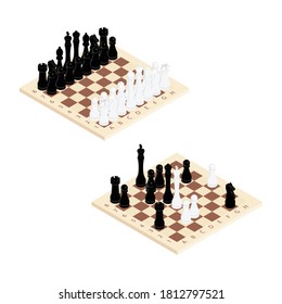 Chess game black and white on wooden board. Competition success play. Strategy, management or leadership concept. Isometric view. Vector