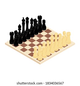 Chess game black and white on wooden board. Competition success play. Strategy, management or leadership concept. Isometric view. Vector