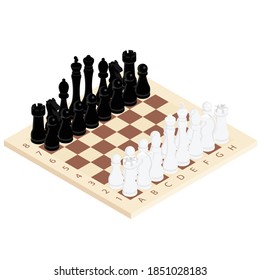 Chess game black and white on wooden board. Competition success play. Strategy, management or leadership concept. Isometric view. Vector
