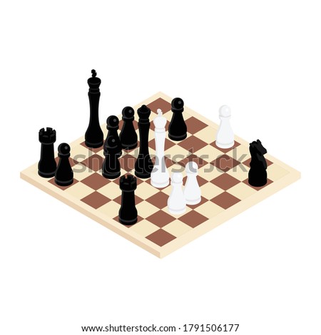 Chess game black and white on wooden board. Competition success play. Strategy, management or leadership concept. Isometric view. Vector