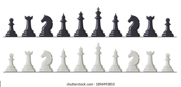 Chess game. Black and white chess pieces, king, queen, bishop, rook, knight and pawn. Logic intellectual chess game figures vector illustration set. Realistic elements of different shape