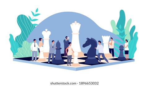 Chess game. Chess board, strategy business tactics and cooperation. People holding rook queen pawn. Management competition utter vector concept