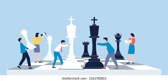 Chess game. Business strategic of leadership, management attack plan. People with figures on board, company work relationship. Competition recent vector metaphor