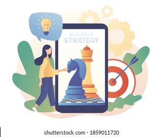Chess game. Business strategy. Chess pieces on smartphone screen. Tiny woman work to data analysis, strategy planning and successful business. Modern flat cartoon style. Vector illustration 