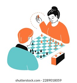 Chess game - colorful flat design style illustration with linear elements. Orange and light blue colored picture with woman and man acting strategically. Board game for logic. Hobby and leisure idea