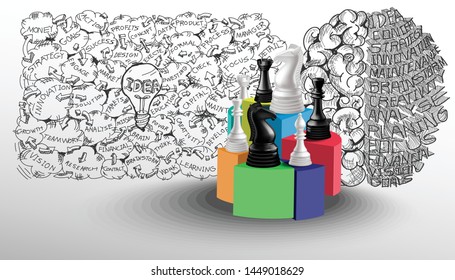 Chess game concept  black and white with background Sketch brain  And light bulbs, idea ,Business plan  data  text various - creativity modern idea and concept illustration.