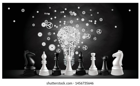 Chess game concept  black and white -  Light bulb and cog  - background creativity modern idea and concept illustration Business.