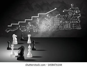 Chess game concept  black and white  with sketch plan business creativity modern idea and concept illustration.