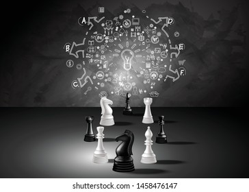 Chess game concept  black and white  with sketch plan business creativity modern idea and concept illustration.