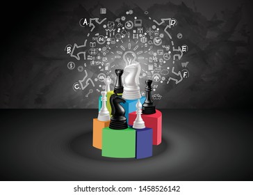Chess game concept  black white and Graph chart  with sketch plan business creativity modern idea and concept illustration.