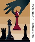 Chess game concept. Colorful poster with chess pieces, dark silhouette of hand and game board. Design element for invitation to intellectual tournament. Cartoon modern flat vector illustration