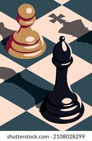 Chess game concept. Colorful poster with chess pieces, shadows, checkered board and highlights. Design element for covers, postcards and social networks. Cartoon modern flat vector illustration