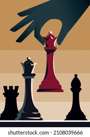 Chess game concept. Colorful poster with chess pieces, dark silhouette of hand and game board. Design element for invitation to intellectual tournament. Cartoon modern flat vector illustration