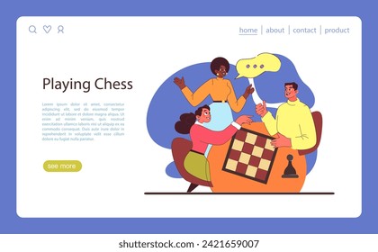 Chess game concept. Engaged trio enjoys strategic gameplay, celebrating intellectual challenge and camaraderie. Strategic mind battles in recreation. Flat vector illustration.