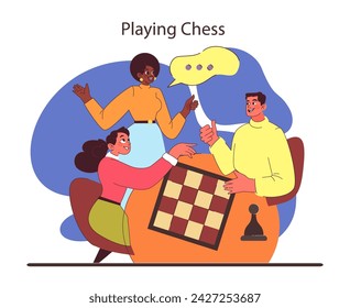 Chess game concept. Engaged trio enjoys strategic gameplay, celebrating intellectual challenge and camaraderie. Strategic mind battles in recreation. Flat vector illustration.