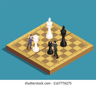 Chess game concept isometric composition of players ending moves with kings queen pawn pieces on chessboard vector illustration 