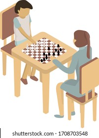 Chess game concept of mom and son. Mother teaches her child to play chess. Quarantine class. Style is isometry. Vector isolated illustration.