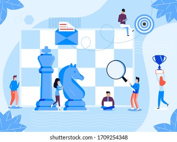 Chess game concept vector. People work. Business, marketing strategy illustration. Successful teamwork and competition scene. Tiny people play with Queen, Knight in chess.