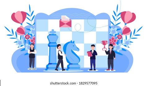 Chess game concept vector. People work. Business, marketing strategy illustration with flower, leaves. Successful teamwork and competition scene. Tiny people play with Queen, Knight in chess.