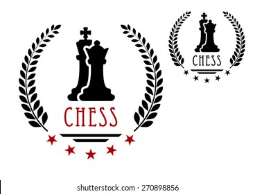 Chess game emblem or logo with black silhouettes of king and queen framed laurel wreath with stars and caption Chess