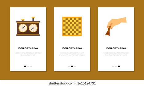 Chess game flat vector icon set. Timer, chess board and female hand holding chess piece isolated outline sign pack. Chess game concept. Vector illustration symbol elements for web design and apps.