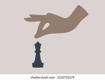 Chess Game, A Hand Reaching Out To A Black Queen Piece