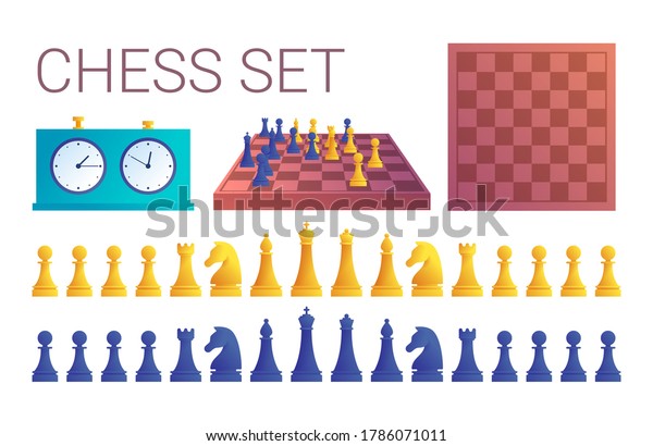 Chess game icons in cartoon style. Double\
chess clock, chessboard, yellow and blue chess pieces set isolated\
on white background. Sport equipment for intellectual and strategy\
game vector illustration