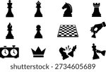 Chess game icons vector set in black silhouette style, including king, queen, knight, rook, bishop, pawn, chessboard, hand moving piece, chess clock, crown and broken knight piece, ideal for strategy games, tournaments, apps and educational materials.