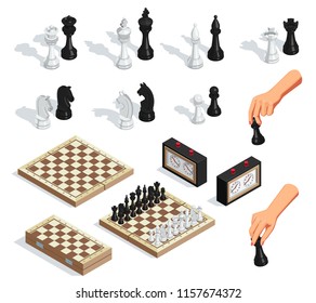 Chess game isometric set with chessboards king queen knight pieces hand moving pawn clock isolated vector illustration 