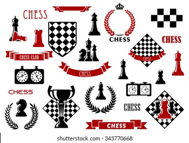 Chess game items and heraldic elements with chessboard, queen, king, bishop, knight, rook and pawn, clock, trophy, checkered shield, wreath, ribbon banner and crown