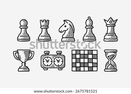 Chess game kit hand drawn icon set. Chess tournament tool engraved element design pack. Chess piece, Pawn, Rook, Knight, Bishop, Queen, King, Trophy, Timer, Chessboard, Hourglass. Vector Illustration
