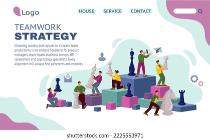 Chess game landing page. Website interface template. Team skill. Corporate communication of king or queen figures. Human training. Pawn and rook. Teamwork strategy. Vector tidy concept