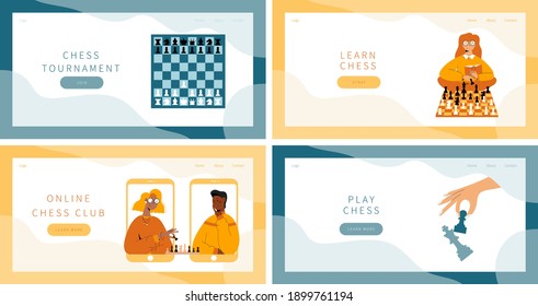 Chess game landing pages set. Two people plays chess online from smartphones. Girl sitting with chessboard and figures. Chess board with chess pieces. Woman hand holding black pawn.