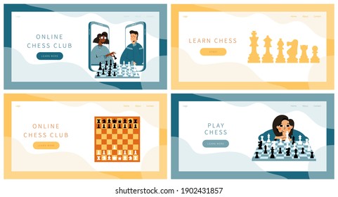 Chess game landing pages set. Two people plays chess online from smartphones. Girl sitting with chessboard and chess figures. Wood checkered chess board with pieces.