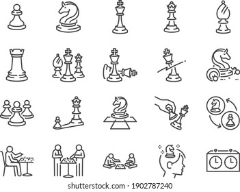 Chess Game Line Icon Set. Included The Icons As Strategy, Gambit, Checkmate, Board Game, And More.