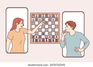 Chess game in mobile phone application between man and woman competing in intellectual game. Players play chess over internet, trying to checkmate opponent to prove mental superiority.