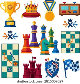 Chess game objects and composition vector illustration isolated on white background. Set of colorful chess pieces, trophy cup, royal crown, winner medal, chess clock, tactical boards, castle tower, and shield.