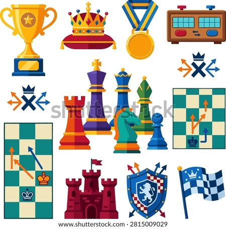 Chess game objects and composition vector illustration isolated on white background. Set of colorful chess pieces, trophy cup, royal crown, winner medal, chess clock, tactical boards, castle tower, and shield.
